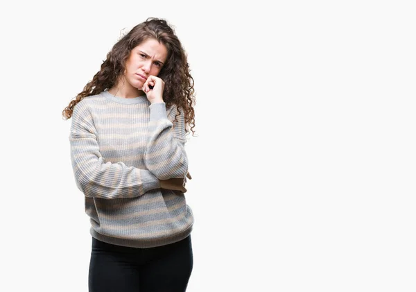 Bella Bruna Capelli Ricci Ragazza Che Indossa Maglione Invernale Sfondo — Foto Stock