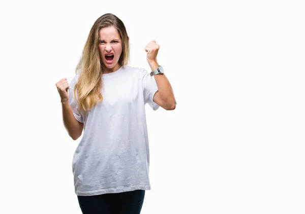 Joven Hermosa Mujer Rubia Con Camiseta Blanca Casual Sobre Fondo — Foto de Stock