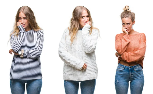 Rahat giyen genç güzel genç kadın beyaz izole arka plan stresli ve gergin ile arıyorsunuz tırnak ısırma dudaklarından eller bakın. Anksiyete sorunu.