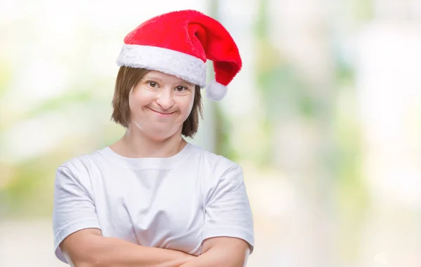 Giovane Donna Adulta Con Sindrome Indossa Cappello Natale Sfondo Isolato — Foto Stock