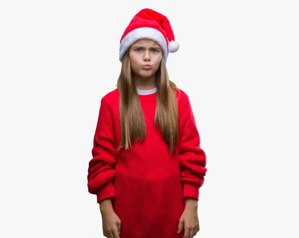 Young Beautiful Girl Wearing Christmas Hat Isolated Background Puffing Cheeks — Stock Photo, Image