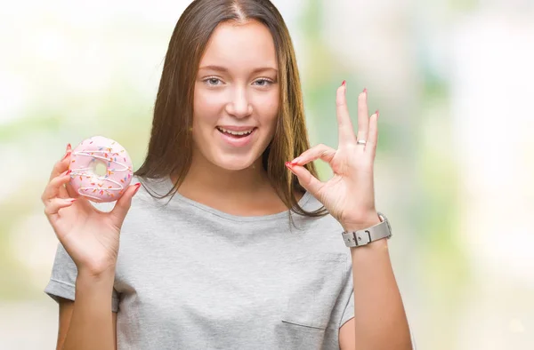 Jeune Femme Caucasienne Manger Beignet Sucré Sur Fond Isolé Faire — Photo