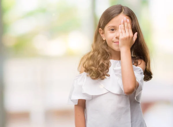 Brunette Hispanic Girl Covering One Eye Hand Confident Smile Face — Stock Photo, Image