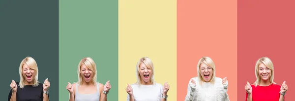 Collage Van Mooie Blonde Vrouw Vintage Geïsoleerde Achtergrond Enthousiast Voor — Stockfoto