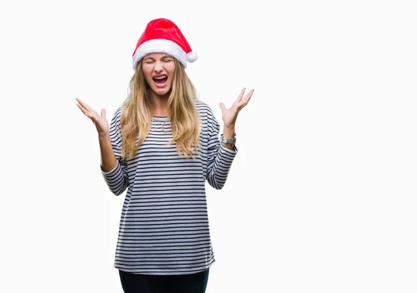 Jovem Mulher Loira Bonita Vestindo Chapéu Natal Sobre Fundo Isolado — Fotografia de Stock