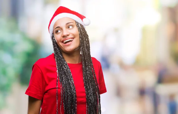 Jovem Trançado Cabelo Afro Americano Menina Vestindo Chapéu Natal Sobre — Fotografia de Stock