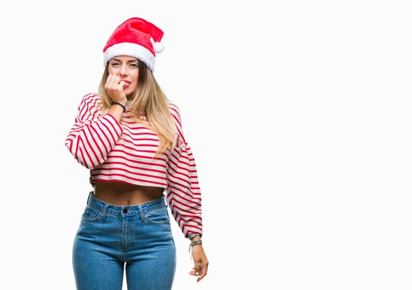 Mladá Krásná Žena Nosí Vánoční Čepice Izolované Pozadí Pohledu Stresovaní — Stock fotografie