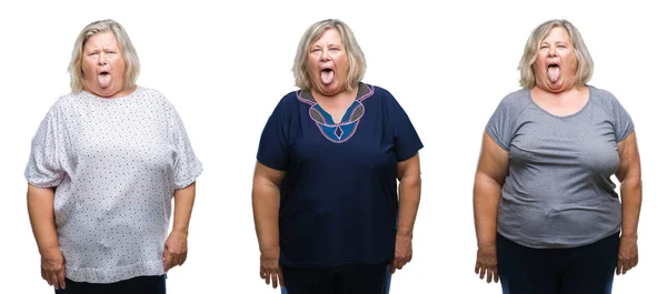 Koláž Vyšších Tlustá Žena Izolované Pozadí Držet Jazyk Out Spokojený — Stock fotografie