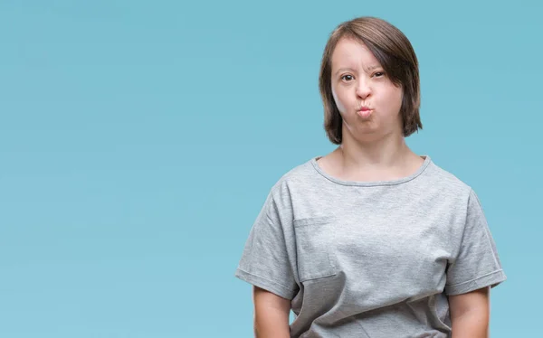 Mladé Dospělé Ženy Downovým Syndromem Izolované Pozadí Nafoukla Tváře Legrační — Stock fotografie