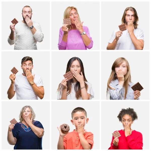 Kolaż Grupy Ludzi Jedzenie Czekolady Białym Tle Okładka Usta Ręką — Zdjęcie stockowe