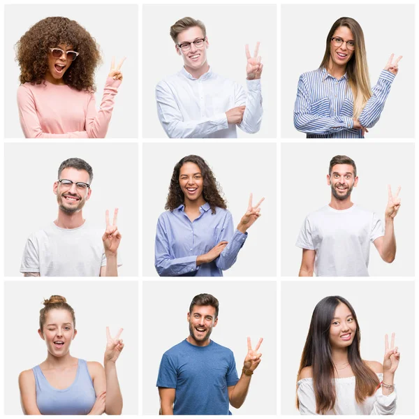 Colagem Grupo Jovens Mulher Homens Sobre Fundo Solado Branco Sorrindo — Fotografia de Stock