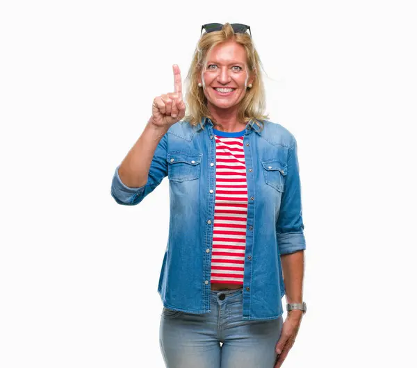 Middle Age Blonde Woman Isolated Background Showing Pointing Finger Number — Stock Photo, Image