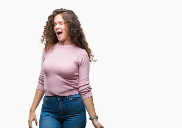 Beautiful Brunette Curly Hair Young Girl Wearing Pink Sweater Isolated — Stock Photo, Image