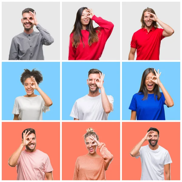 Collage Van Groep Jongeren Kleurrijke Geïsoleerde Achtergrond Doen Gebaar Met — Stockfoto