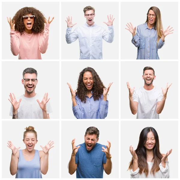 Collage Groupe Jeunes Femmes Hommes Sur Fond Blanc Solitaire Célébrant — Photo