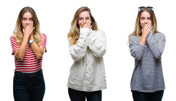 Collage Young Beautiful Blonde Woman Isolated Background Shocked Covering Mouth — Stock Photo, Image
