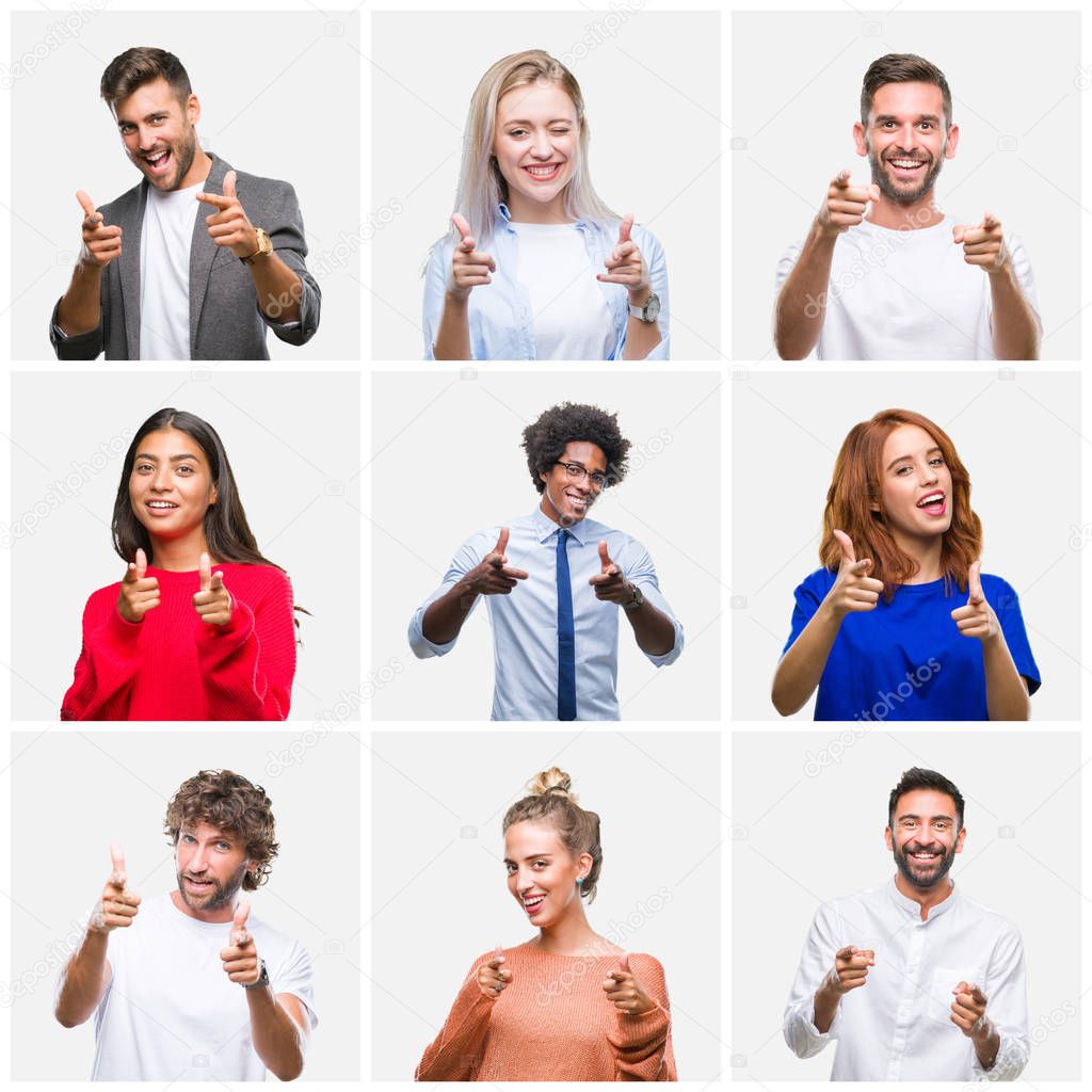 Collage of group of young people woman and men over isolated background pointing fingers to camera with happy and funny face. Good energy and vibes.