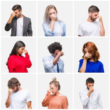 Kolaj bir grup genç insanlar kadın ve erkekler üzerinde izole arka burun ve göz yorgunluğu ve baş ağrısı duygu sürtünme yorgun. Stres ve hayal kırıklığı kavramı.