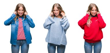 Genç güzel genç kadın parmakları ile yüksek sesle müzik gürültü rahatsız ifade kulaklarıyla kapsayan beyaz izole arka plan yüzünden. Sağır kavramı.