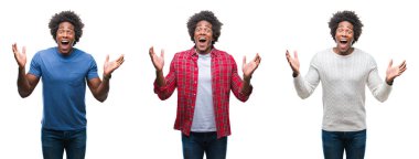 Kolaj bir Afrikalı-Amerikalı genç yakışıklı adam deli kutluyor ve silah ile başarı için heyecanlı çığlık kaldırdı ve açık gözleri hayret izole arka plan üzerinde. Kazanan kavramı