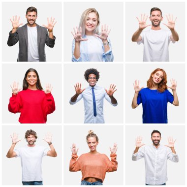 Kolaj bir grup genç insanlar kadın ve erkekler gösterilen ve parmakları ile işaret izole arka plan üzerinde kendinden emin ve mutlu gülümseyerek süre on numara.