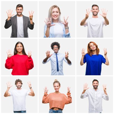 Kolaj bir grup genç insanlar kadın ve erkekler gösterilen ve parmakları ile işaret izole arka plan üzerinde kendinden emin ve mutlu gülümseyerek süre sekiz numara.