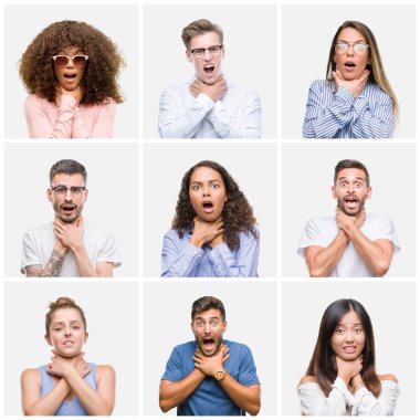 Kolaj genç grup insanlar kadın ve erkek üzerinde beyaz solated arka plan bağırarak ve çünkü boğmak acı kendi ellerimle öldürürüm. Sağlık sorunu. Yaralarından ve intihar kavramı.