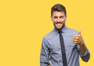 Genç yakışıklı iş adamı mutlu yaşasın el ile jest yapıyor izole arka plan üzerinde. Kameraya bakarak başarı gösteren ile ifade onaylama.