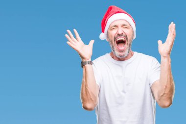 Arka plan deli kutlama Noel şapka üzerinde orta yaş ağarmış komuta sizde izole ve crazy arms ile başarı için kaldırdı ve heyecanlı çığlık gözler kapalı. Kazanan kavramı