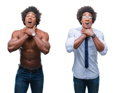 Afrikalı-Amerikalı gömleksiz ve iş adamı kolaj üzerinde arka plan bağırarak izole ve çünkü boğmak acı kendi ellerimle öldürürüm. Sağlık sorunu. Yaralarından ve intihar kavramı.