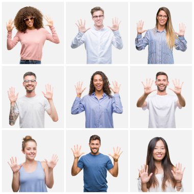Kolaj bir grup genç insanlar kadın ve erkekler gösterilen ve parmakları ile işaret beyaz solated arka plan üzerinde kendinden emin ve mutlu gülümseyerek süre on numara.
