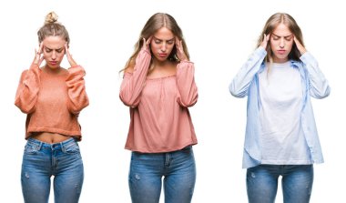 Çünkü baş baş ağrısı için el ile arka plan üzerinde Beyaz Casual göz giyen güzel genç kadın izole genç stres. Migren muzdarip.