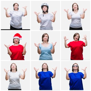 Collage of young woman with down syndrome over isolated background crazy and mad shouting and yelling with aggressive expression and arms raised. Frustration concept. clipart