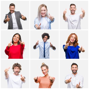 Kolaj bir grup genç insanlar kadın ve erkeklerin izole arka plan onaylama üzerinde el ile pozitif jest yapıyor gülümseyen ve başarı için mutlu yaşasın. Kamera, kazanan jest arıyorsunuz.