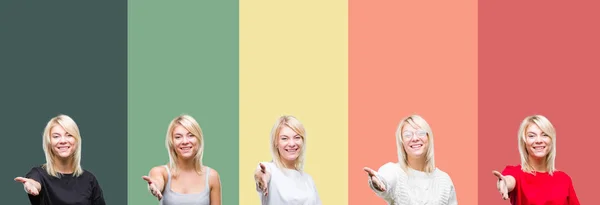 Collage Hermosa Mujer Rubia Sobre Fondo Aislado Vintage Sonriendo Amistoso —  Fotos de Stock