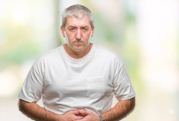 Handsome Senior Man Isolated Background Hand Stomach Because Indigestion Painful — Stock Photo, Image