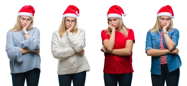 Collage Young Beautiful Blonde Woman Wearing Christmas Hat White Isolated — Stock Photo, Image