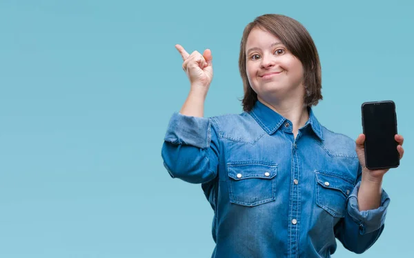 Young Adult Woman Syndrome Showing Smartphone Screen Isolated Background Very — Stock Photo, Image