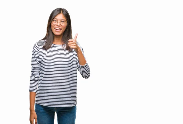 Young Asian Woman Wearing Glasses Isolated Background Doing Happy Thumbs — Stock Photo, Image