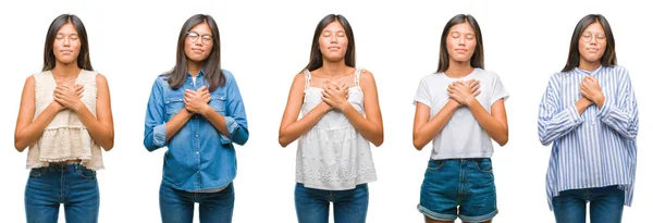 Collage Kinesiska Asiatisk Kvinna Över Isolerade Bakgrund Leende Med Händerna — Stockfoto