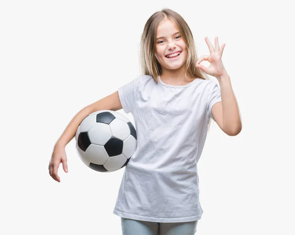 Krásná Mladá Dívka Drží Fotbal Fotbalový Míč Nad Izolované Pozadí — Stock fotografie