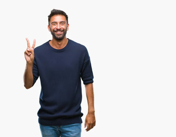 Homem Hispânico Adulto Sobre Fundo Isolado Sorrindo Com Rosto Feliz — Fotografia de Stock