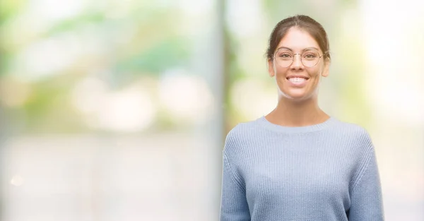 Young Beautiful Hispanic Woman Wearing Bun Happy Face Standing Smiling — Stock Photo, Image