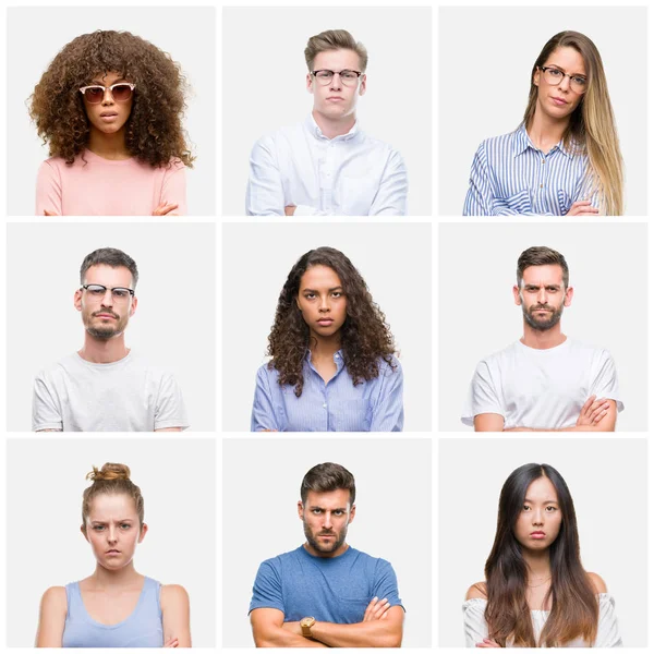 Collage Grupo Jóvenes Mujer Hombres Sobre Fondo Blanco Aislado Escéptico —  Fotos de Stock