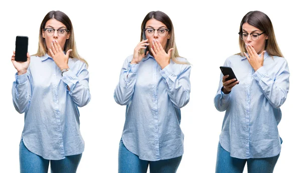 Collage Joven Hermosa Mujer Negocios Usando Teléfono Inteligente Sobre Boca —  Fotos de Stock