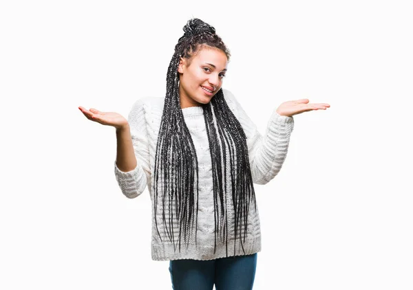 Jovem Trançado Cabelo Afro Americano Menina Vestindo Suéter Sobre Fundo — Fotografia de Stock