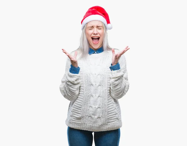 Mladá Blond Žena Nosí Vánoční Čepice Nad Samostatný Pozadí Slaví — Stock fotografie