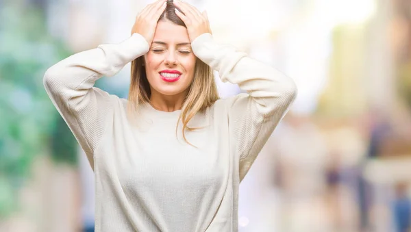 Young Beautiful Woman Casual White Sweater Isolated Background Suffering Headache — Stock Photo, Image