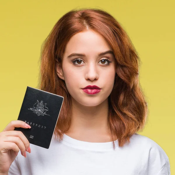 Joven Hermosa Mujer Con Pasaporte Australia Sobre Fondo Aislado Con —  Fotos de Stock