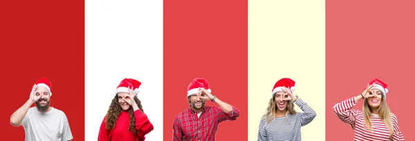Collage Group Young People Wearing Chrismast Hat Isolated Background Doing — Stock Photo, Image